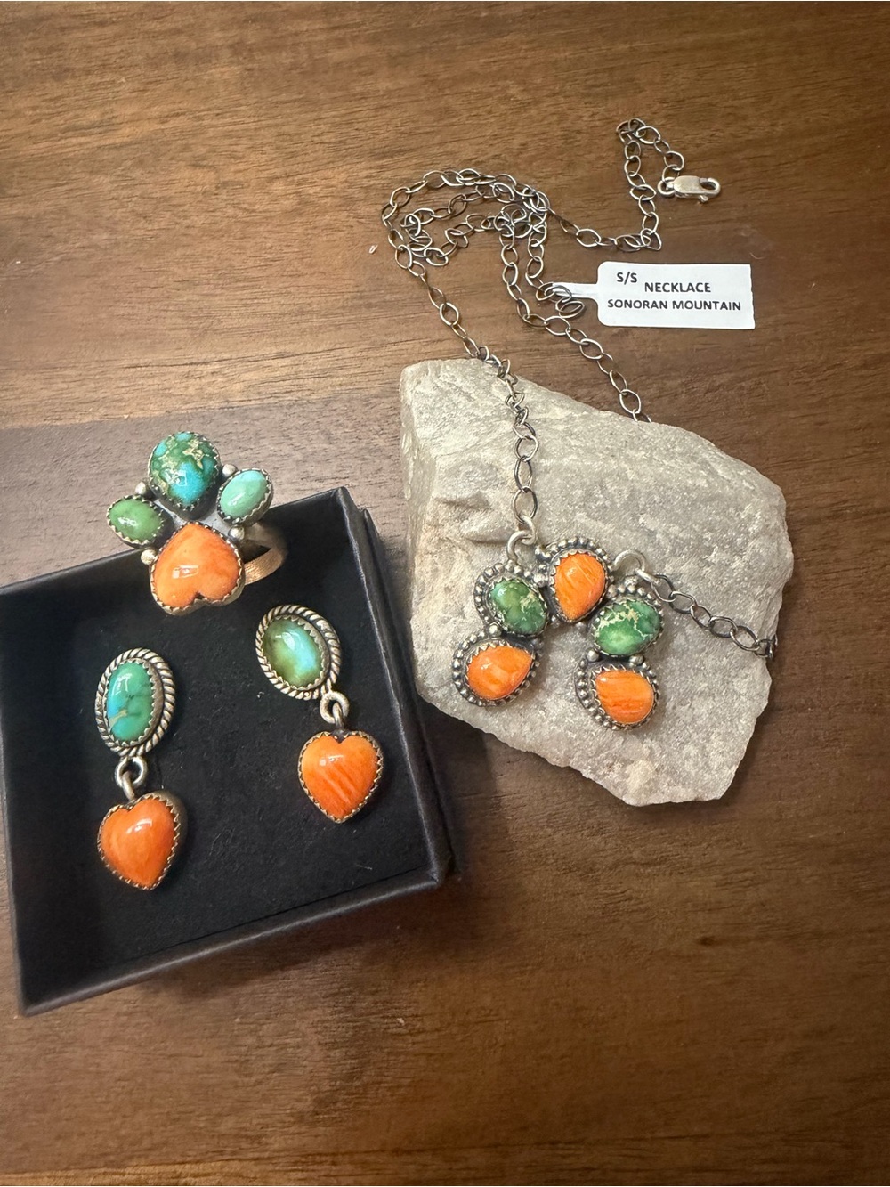 Orange and Green Stone Necklace and Earring Set